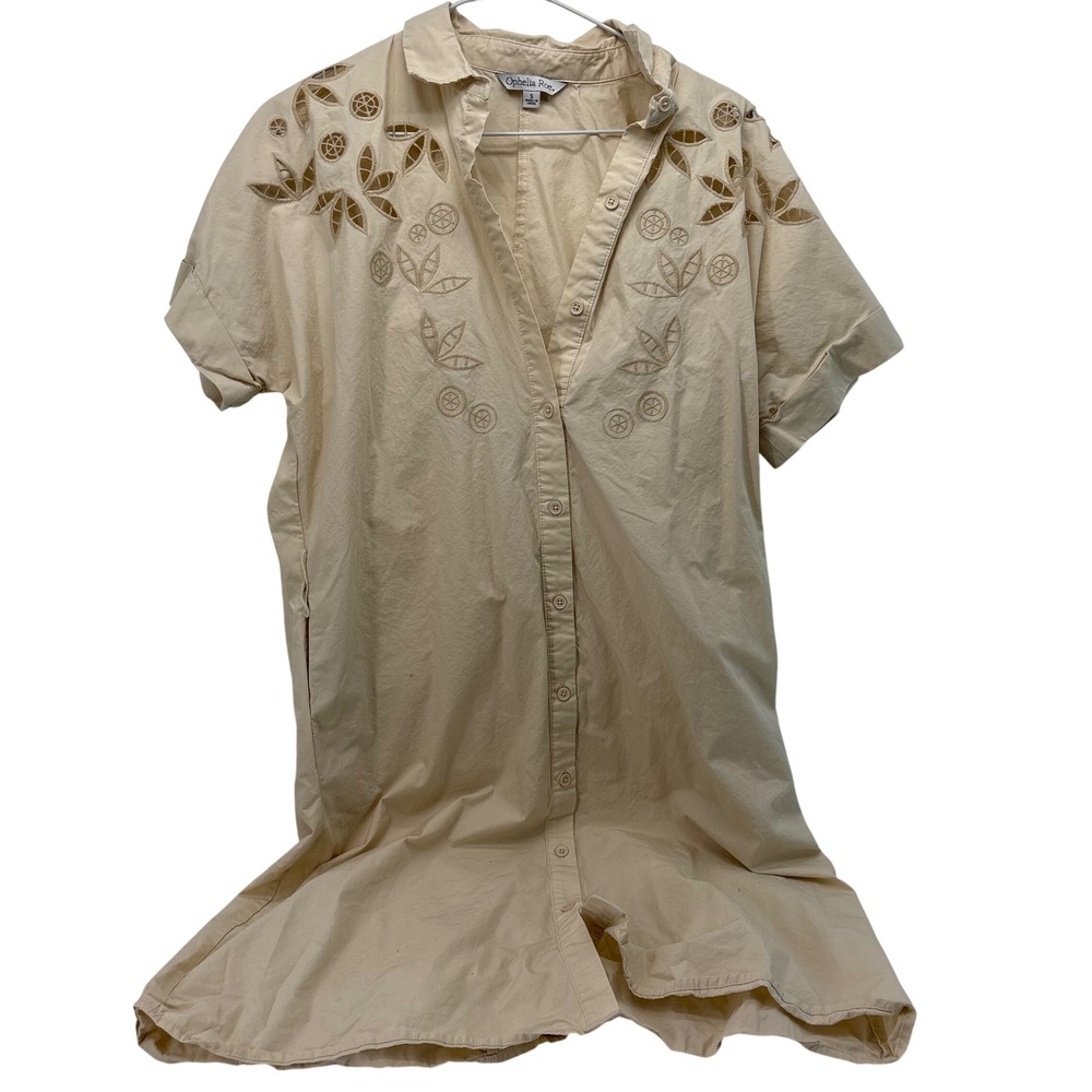 Ophelia Roe Beige Cotton Eyelet Embroidered Button Front Shirt Dress Womens S